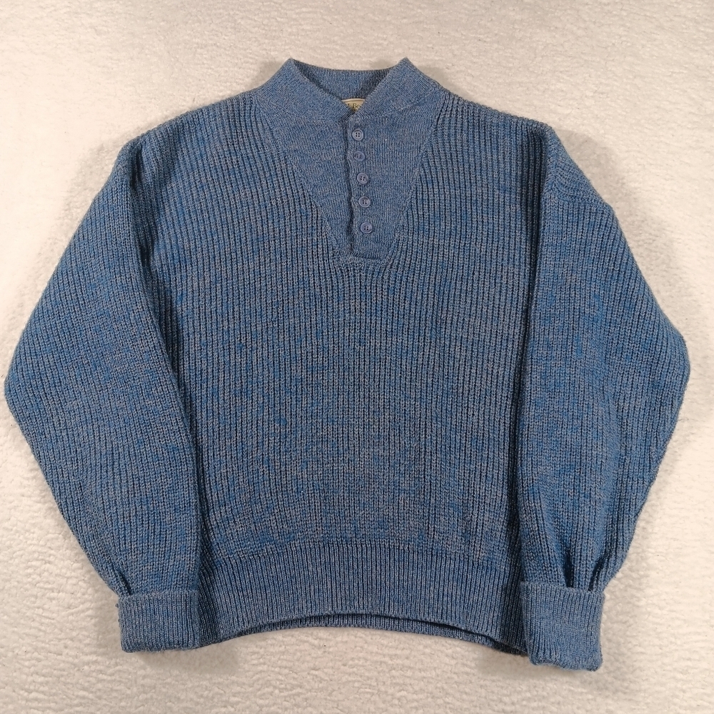 Vintage LL Bean Sweater Mens XL Blue Henley Wool Blend Fisherman Knit Grandpa